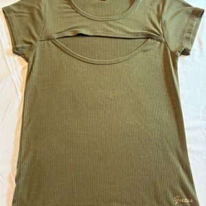 GUESS Olive Green T-Shirt Cap Sleeve with Gold Bling Logo Women's Size Medium